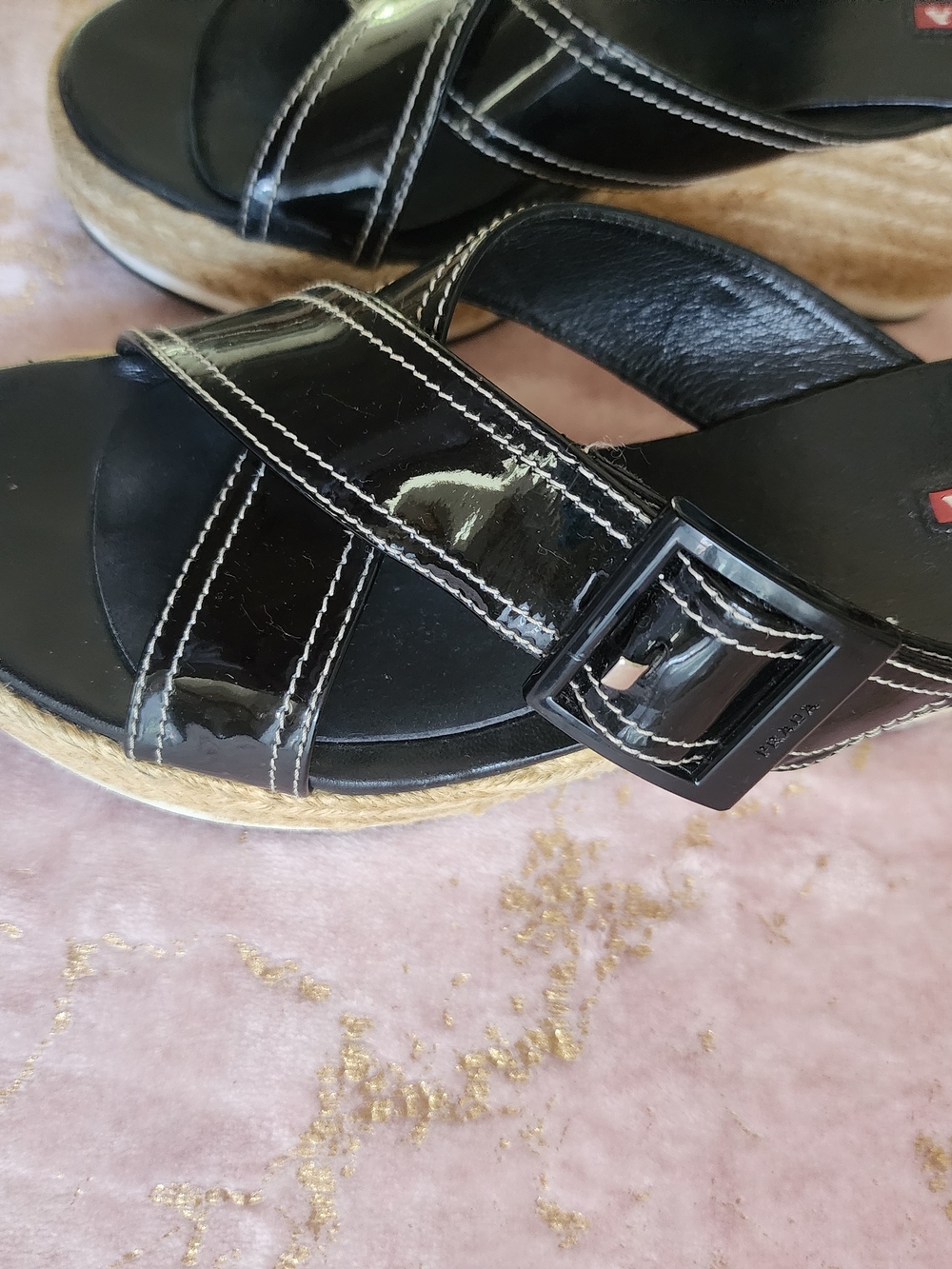 PRADA | Black Patent Leather Espadrille Wedge Sandals with Jute Platform - Picture 15 of 16